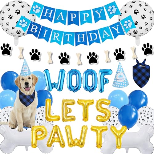 Hunde-Geburtstagsdekorationen, Hut, Bandana – Blaues Happy Birthday Banner Dekorationsset mit Pfotenabdruck-Luftballons, niedliche Welpengirlande Woof Lets Pawty Buchstabenbanner für Hunde-Geburtstagsdekorationen, Hut, Bandana – Blaues Happy Birthday Banner Dekorationsset mit Pfotenabdruck-Luftballons, niedliche Welpengirlande Woof Lets Pawty Buchstabenbanner für von Pecration