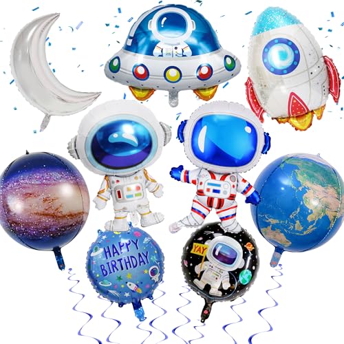 Luftballons mit Weltraumthema Geburtstagsdekorationen - 9 Stück Äußeres Partydekorationsset mit 3D-Raumschiff, großer süßer Astronautenrakete und 4D-Erd-Folienballon für Happy Birthday Party Supplies von Pecration