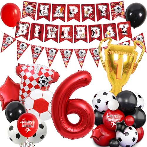Party-Dekoration zum 6. Geburtstag, Motiv: Fußball-Motiv für Jungen, Mädchen, Happy Birthdy, Wimpelkette, Dekoration, Zahlen-Trophäe, Fußball-Shirt, Folienballons, Jungen, Mädchen, Sport-Partyzubehör Party-Dekoration zum 6. Geburtstag, Motiv: Fußball-Motiv für Jungen, Mädchen, Happy Birthdy, Wimpelkette, Dekoration, Zahlen-Trophäe, Fußball-Shirt, Folienballons, Jungen, Mädchen, Sport-Partyzubehör von Pecration