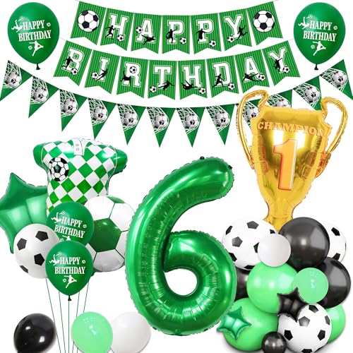 Party-Dekoration zum 6. Geburtstag, Motiv: Fußball-Motiv für Jungen, Mädchen, Happy Birthdy, Wimpelkette, Dekoration, Zahlen-Trophäe, Fußball-Shirt, Folienballons, Kinder-Sport-Partyzubehör Party-Dekoration zum 6. Geburtstag, Motiv: Fußball-Motiv für Jungen, Mädchen, Happy Birthdy, Wimpelkette, Dekoration, Zahlen-Trophäe, Fußball-Shirt, Folienballons, Kinder-Sport-Partyzubehör von Pecration