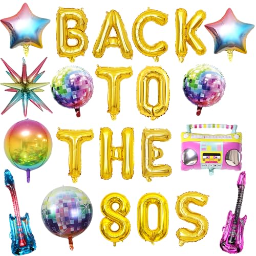 Party-Dekorationen im 80er-Jahre-Stil, 22 Stück, Motiv: Back to the 80s Thema, Geburtstagsparty, Zubehör, Gold-Buchstabe, 4D-Kugel, Radio-Gitarre, Folienballon, buntes Retro-Dekor für Geburtstagsparty Party-Dekorationen im 80er-Jahre-Stil, 22 Stück, Motiv: Back to the 80s Thema, Geburtstagsparty, Zubehör, Gold-Buchstabe, 4D-Kugel, Radio-Gitarre, Folienballon, buntes Retro-Dekor für Geburtstagsparty von Pecration