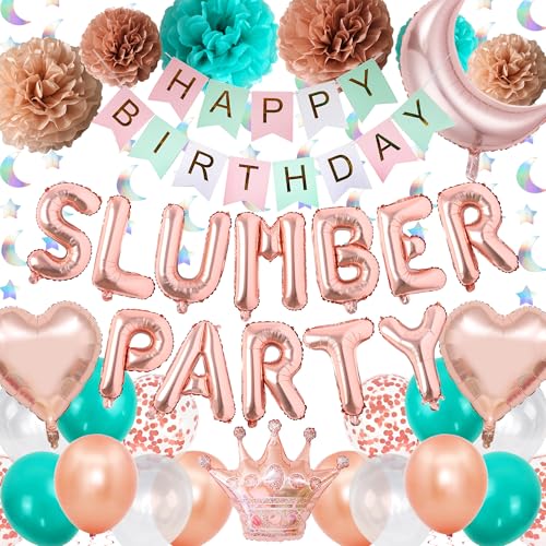 Partyzubehör für Mädchen – buntes Happy Birthday-Banner mit Papier-Pompons, hängende Girlanden für Nachtübernachtung, Pyjama, Party-Dekorationen von Pecration