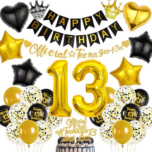 Pecration 13 Geburtstag Dekorationen für Jungen - Schwarz und Gold Offizielle Teenager Happy Birthday Banner Nummer 13 Luftballons, Konfetti Latex Ballon Kuchen Topper für 13 Jahre alte Jungen Mädchen Pecration 13 Geburtstag Dekorationen für Jungen - Schwarz und Gold Offizielle Teenager Happy Birthday Banner Nummer 13 Luftballons, Konfetti Latex Ballon Kuchen Topper für 13 Jahre alte Jungen Mädchen von Pecration