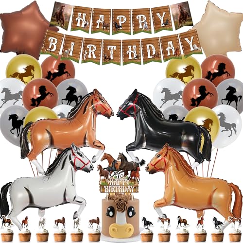Pferde Party Dekorationen Geburtstag Luftballons - Happy Birthday Banner Cake Topper Pferd Thema Cupcake Toppers Folie Latex Ballon für Cowgirl Cowboy Party Dekoration Supplies von Pecration