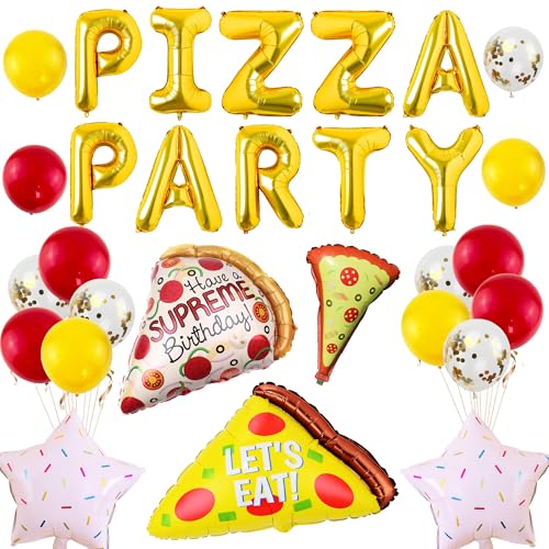 Pecration Pizza Party Dekorationen Luftballons - 30 Stück Pizza Gold Buchstaben Stern Mylar Folie Latex Ballon, Happy Birthday Party Supplies für Kinder Jungen Mädchen Babyparty von Pecration
