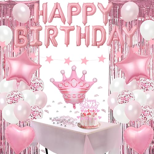 Rosa Geburtstag Dekorationen Party Luftballons - Happy Birthday Banner Ballon Tischdecke Kuchen Topper Lametta Folie Fransenvorhang Girlande Konfetti Party Supplies für Mädchen und Frauen Geburtstag von Pecration