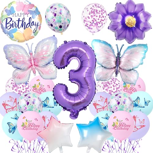 Schmetterling 3. Geburtstag Dekorationen für Mädchen – 23 Stück lila Schmetterlingsballons Nummer 3 Gradient Stern Folienballon, Geburtstagsparty-Zubehör für 3 Jahre altes Mädchen, Party-Dekoration von Pecration