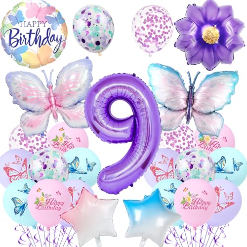 Schmetterlings-Dekorationen zum 9. Geburtstag für Mädchen – 23 Stück lila Schmetterlingsballons Zahl 9 Gradient Stern Folienballon, Geburtstagsparty-Zubehör für 9 Jahre altes Mädchen, Party-Dekoration von Pecration