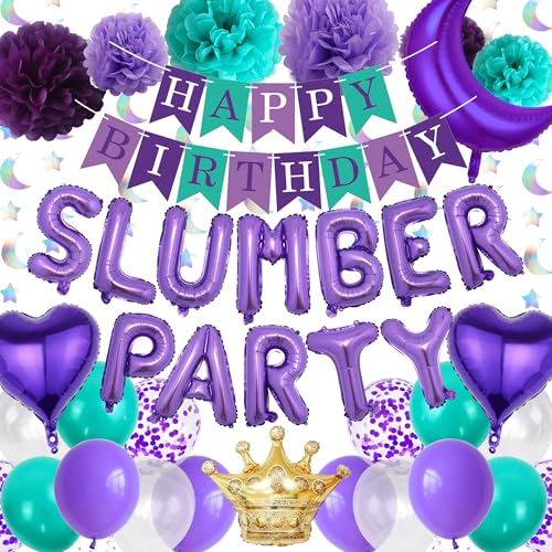 Slumber Birthday Party Supplies Mädchen - Lila Happy Birthday Banner Luftballons Set mit Papier-Pompons, hängende Girlanden für Nachtübernachtung Pyjama Party Dekorationen von Pecration