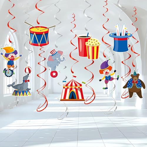 24 Stück Karneval hängende Wirbel Party Dekorationen, Zirkus Clown Tiere Thema Party Deckendekor Doppelseitige Zirkus Dekorationen für Zuhause Klassenzimmer Geburtstag Party Gastgeschenke von Pedel