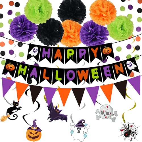 Happy Halloween Party Dekorationen, Halloween Banner Papier Dreieck Flagge Hängende Wirbel Luftschlangen Schwarz Orange Tissue Pom Poms für Kofferraum oder Leckerli Party Dekorationen von Pedel