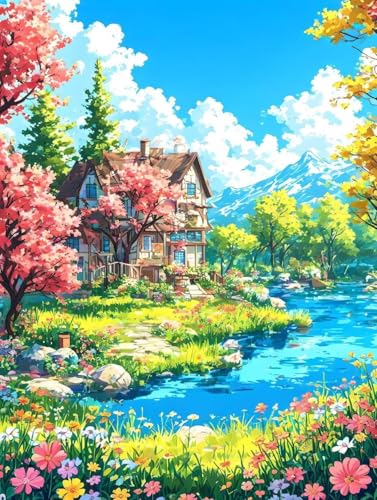 Malen Nach Zahlen Erwachsene Frühling Malen Nach Zahlen Landschaft Paint by Numbers Kinder ab 7 8 9 Jahre Mädchen Kreativ Set mit Pinseln und Acrylfarben, Geschenk für Frauen 60x80cm mit Rahmen -a29O von Peepezo