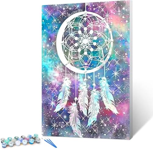 Malen Nach Zahlen Erwachsene Traumfänger - DIY Feder Handgemalt Ölgemälde Kit für Anfänger,Mit Pinseln und Acrylfarbe Handgemalt öLgemäLde Kit Als Geschenk 50x65cm (mit Rahmen) von Peepezo