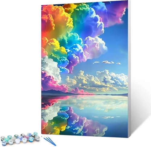 Malen Nach Zahlen Erwachsene Wolkengebilde DIY Ölgemälde Leinwand Set mit Pinsel und Acrylpigment für Frauen Home Deko Geburtstag Weihnachten Geschenk - Regenbogen 60x80cm (rahmenlos) von Peepezo