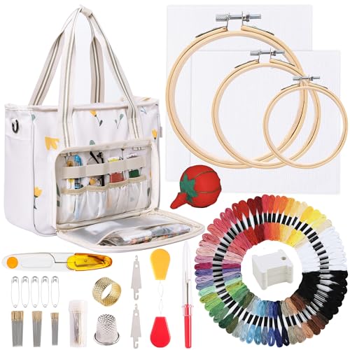 Peirich Stickerei Starter Kit, Stickerei Projekt Tasche mit Stickerei Zahnseide Stickerei Hoop Aida Tuch, Stickerei Zubehör Aufbewahrungstasche mit Kreuzstich Kits für Anfänger, Erwachsene von Peirich
