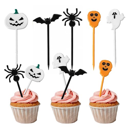 10 Stück Kunststoff-Spieße für Halloween-Partys, Cupcake-Aufsätze, Halloween-Kuchendekorationen, Kürbis, Fledermaus, Totenkopf, Geist, Obstspieße, Essen, Cocktailspieße, Stäbchen für Vorspeisen von Pejlnd