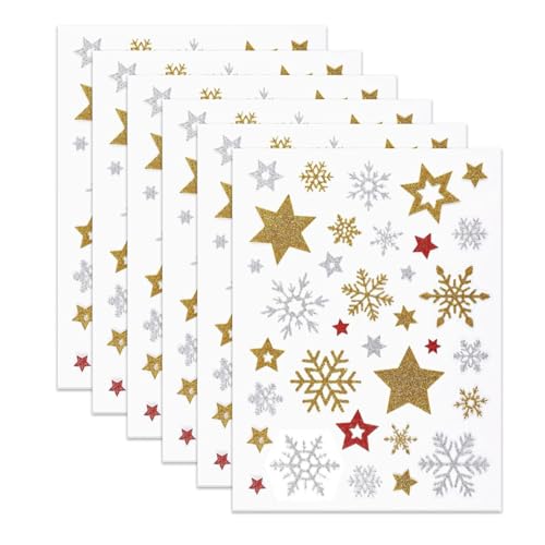 204 Stück Sticker Weihnachten,Weihnachtssticker Sticker Stern Aufkleber Weihnachten Deko Glitzer Schneeflocken Etiketten Gold Selbstklebend zum Basteln Silber Rot Weihnachtsaufkleber für Papiertüten von Pejlnd