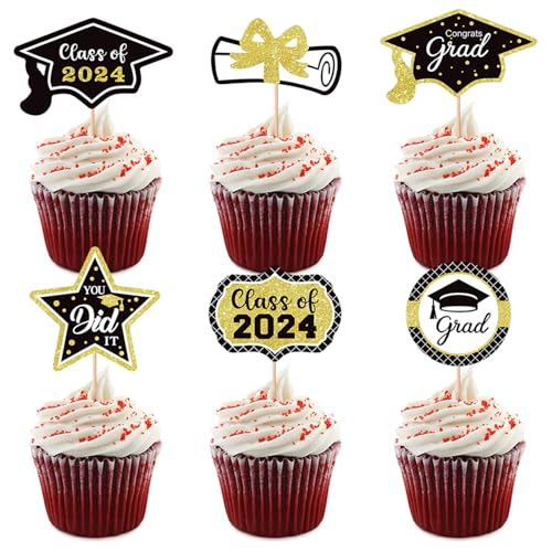 Cupcake-Topper zum Schulabschluss 2024 – 12 Stück, glitzernd, Schwarz / Gold, Klasse 2024, Congrats Grade 2024, Diplom, Cupcake-Picks, Abschluss-Kuchendekorationen für Abschlussfeier 2024, von Pejlnd