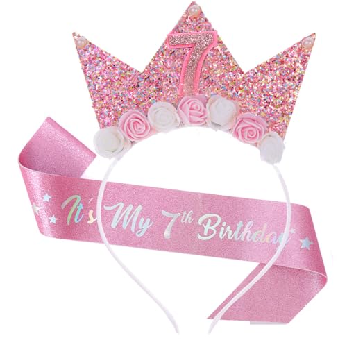 Dekoration zum 7. Geburtstag für Mädchen, Schärpe und Diadem zum 7. Geburtstag, Rosa, Geschenk für Mädchen, Prinzessinnenkrone, Haarband und Glitzer-Schärpe für kleine Mädchen, Partyzubehör Dekoration zum 7. Geburtstag für Mädchen, Schärpe und Diadem zum 7. Geburtstag, Rosa, Geschenk für Mädchen, Prinzessinnenkrone, Haarband und Glitzer-Schärpe für kleine Mädchen, Partyzubehör von Pejlnd