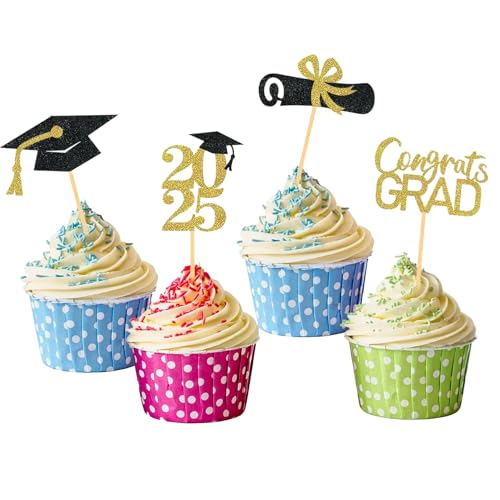 Glitzer Schwarz Gold 2025 Graduation Cupcake Toppers,24 Stück Graduation Deko Abschlussfeier Cupcake Toppers,Bachelor Hut 2025 Grad Cap Abschluss Deko für Graduation Abschlussparty Dekoration Glitzer Schwarz Gold 2025 Graduation Cupcake Toppers,24 Stück Graduation Deko Abschlussfeier Cupcake Toppers,Bachelor Hut 2025 Grad Cap Abschluss Deko für Graduation Abschlussparty Dekoration von Pejlnd