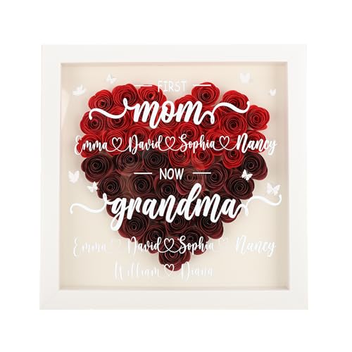 Personalisierte Mom Flower Shadow Box mit Namen, erste Mama jetzt Oma Holz Vitrine Rose Blume Bilderrahmen Keepsake Geschenk für Mama Nana Oma von Pekdi