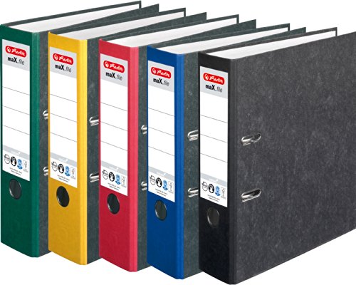 HERLITZ Ordner maX.file nature A4 8cm ge Wolkenmarmorbezug selbstklebendes Rückenschild | 5er Sparpack in diversen Farben zur Auswahl (Sortiert Grundfarben) von maX.file