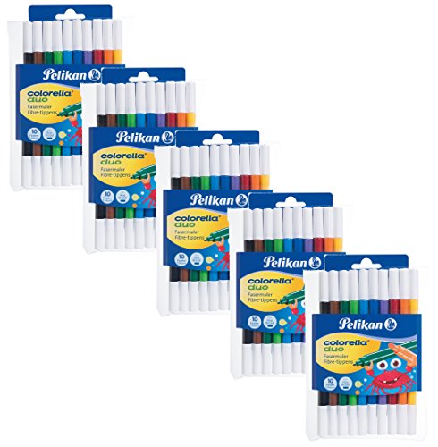 5er Set Pelikan, 5x 10 Fasermaler Colorella Duo (5, 10 Farben Etui) von Pelikan