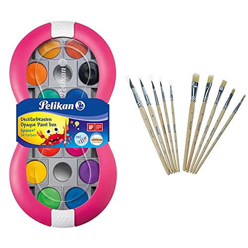 Pelikan 700016 Deckfarbkasten Space+, 24 integrierter Mischpalette, Farbe: Magenta, 1 Stück, Bunt & 700405 Pinsel Starter-Set mit 5 Haar- und 5 Borstenpinseln Pelikan 700016 Deckfarbkasten Space+, 24 integrierter Mischpalette, Farbe: Magenta, 1 Stück, Bunt & 700405 Pinsel Starter-Set mit 5 Haar- und 5 Borstenpinseln von Pelikan