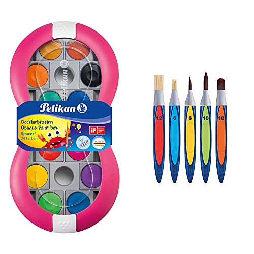 Pelikan 700016 Deckfarbkasten Space+, 24 integrierter Mischpalette, Farbe: Magenta, 1 Stück, Bunt & 700733 Pinsel-Set, griffix mit Band, 5 Stück Pelikan 700016 Deckfarbkasten Space+, 24 integrierter Mischpalette, Farbe: Magenta, 1 Stück, Bunt & 700733 Pinsel-Set, griffix mit Band, 5 Stück von Pelikan