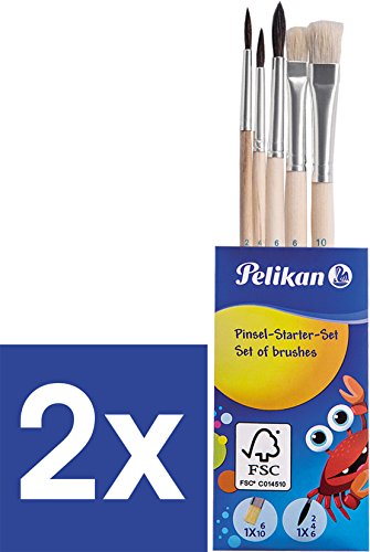 Pelikan 718163 Pinsel Starter-Set in Klarsichttasche mit je 1 Haarpinsel Gr.2, 4, 6 und je 1 Borstenpinsel Gr. 6, 10 (2er Pack) von Pelikan
