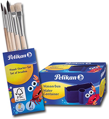 Pelikan 718163 Pinsel Starter-Set in Klarsichttasche mit je 1 Haarpinsel Gr.2, 4, 6 & je 1 Borstenpinsel Gr. 6, 10 / Kombi-Set (Pinselset + Wasserbox) von Pelikan