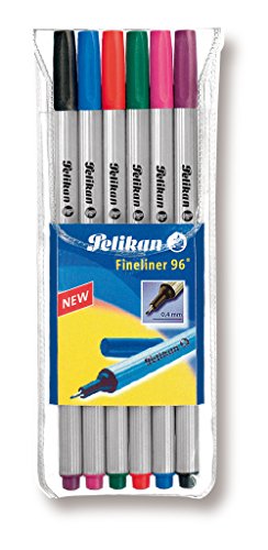 Pelikan 940650 Fineliner 96, 6 Stück, 6 Farben, etui, Schwarz, Blau, Grün, Rosa, Violett, Rot. von Pelikan