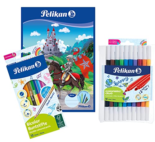 Pelikan 973172 Fasermaler Colorella Duo 10 Farben (+ 12er Bicolor Buntstifte & Malblock A4) von Pelikan