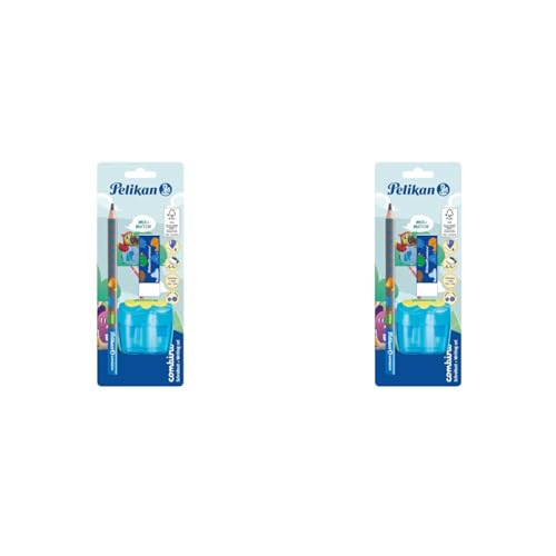 Pelikan Combino Schulset, ergonomischer dreieckiger Bleisstift B, Radierer, Doppellochspitzer, 1 Stück farbig sortiert - keine Farbauswahl möglich! (Packung mit 2) von Pelikan