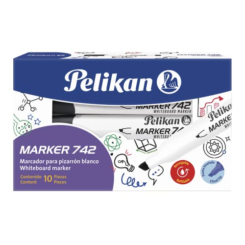 Pelikan Flash Marker 742, Whiteboard-Marker mit 10 Teilen, schwarz, abgeschrägte Spitze, nachfüllbar, im Karton von Pelikan