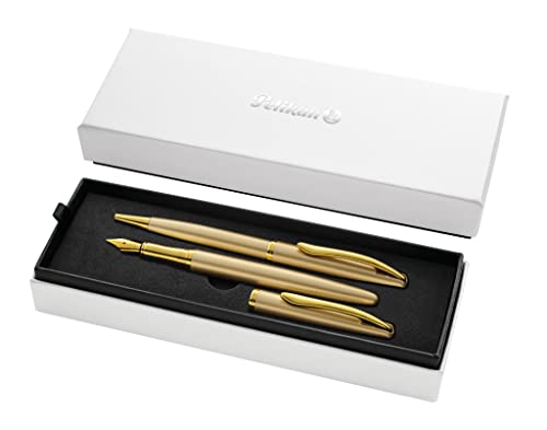 Pelikan Geschenkset Jazz Noble mit Füller und Kugelschreiber, Gold, eleganter Patronenfüller (Feder M) und Kugelschreiber aus Metall, im Geschenketui, 821889 von Pelikan