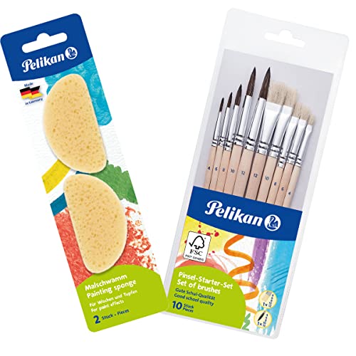 Pelikan Malschwamm 2 Stück + Pinsel Starter-Set mit 5 Haar- und 5 Borstenpinseln, Beige Pelikan Malschwamm 2 Stück + Pinsel Starter-Set mit 5 Haar- und 5 Borstenpinseln, Beige von Pelikan