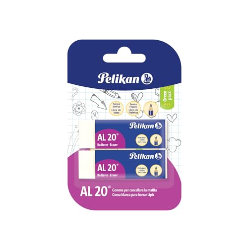 Pelikan Radiergummis, AL 20, weißer Radiergummi, für Graphitstifte, technisches und künstlerisches Zeichnen, geeignet für Kinder, Packung mit 2 Stück, Größe 65 x 21 x 12 mm von Pelikan