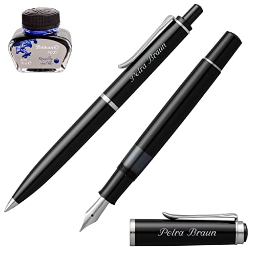 Pelikan Schreibset Classic Kolbenfüllhalter M 205 und Kugelschreiber K 205 Schwarz mit Namen farbig personalisiert Tintenflacon von Pelikan