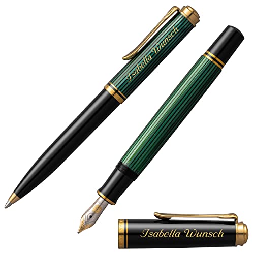 Pelikan Schreibset Souverän Grün Kolbenfüllhalter M 600 und Kugelschreiber K 600 mit Namen farbig personalisiert vergoldete Beschläge Tintenflacon von Pelikan