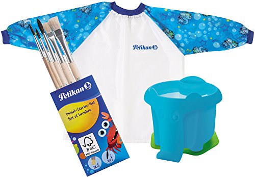Pelikan Wasserbecher im Elefanten-Design mit Pinselhalter/Kombi-Set (Wasserbecher, Malschürze & Pinsel-Set, Blau) von Pelikan