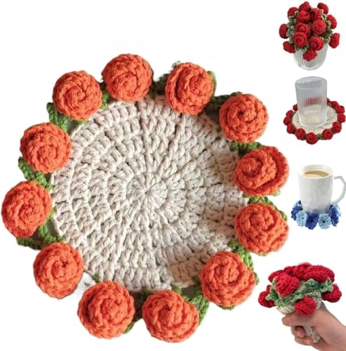 Häkelblumen-Untersetzer, handgefertigt, Vintage-Stil, gehäkelter Blumenstrauß, Materialpaket, handgefertigt, gestrickt, Blumenuntersetzer für Heimdekoration, Schreibtisch (Orange) von Pelinuar