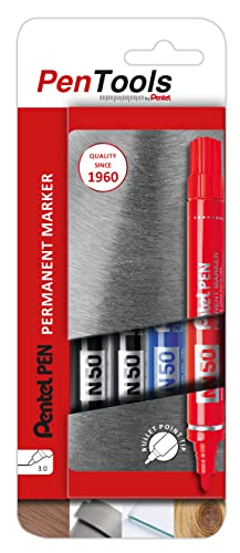 PenTools by Pentel N50 Permanent Marker, robuste Rundspitze (3,0 mm Strich) für permanente Markierungen, 4 Stück - farblich sortiert, N50-PRO4ABCEU, 1 Blister von PenTools by Pentel
