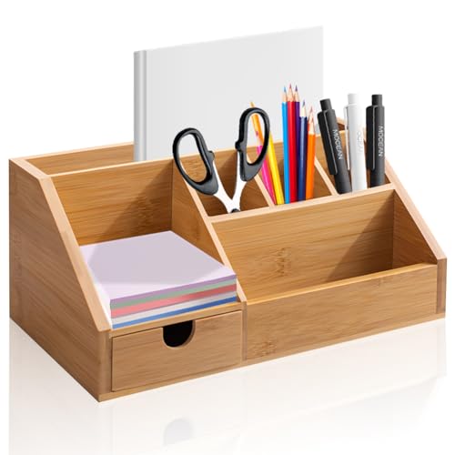 Schreibtisch Organizer Holz, Schreibtischablage Büro Organizer mit Schublade, Stiftehalter aus Bambus, Ausziehbare Schublade Organizer für Stift, Schere, Lineal und A5-Blättern Verstaut Werden von Penbinmall