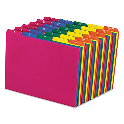 Pendaflex 40143 Obere Registerkarten, Täglich/1–31, 1/5 Register, Polypropylen, Buchstabe (31 Stück), Blau, Grün, Magenta, Erdbeere, Gelb von Pendaflex