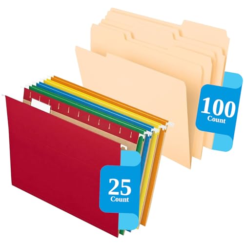 Pendaflex Aktenordner – Manila-Aktenordner mit 1/3-geschnittenen Reitern (100 Stück) und Hängeregistern mit 1/5-geschnittenen Registern (25 Stück), verschiedene Farben, Briefgröße 21,6 x 27,9 cm von Pendaflex