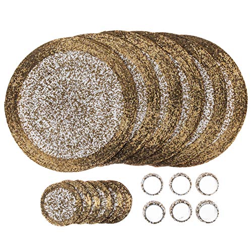 Penguin Home® Platzsets, Untersetzer und Serviettenringe mit Glasperlen – Gold und Weiß – runde Tischsets – handgefertigt von erfahrenen indischen Kunsthandwerkern – Durchmesser – 32 cm von Penguin Home