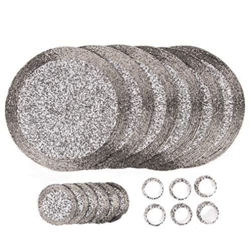 Penguin Home® Platzsets, Untersetzer und Serviettenringe mit Glasperlen – Silber und Weiß – runde Tischsets – handgefertigt von erfahrenen indischen Kunsthandwerkern – Durchmesser – 32 cm von Penguin Home