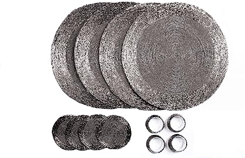 Penguin Home® Set von 12 Tischsets mit Glasperlen, Untersetzer und Serviettenringe - Antik Silber Farbe - Runde Tischsets - Handgefertigt von erfahrenen indischen Handwerkern - Durchmesser - 32 cm von Penguin Home