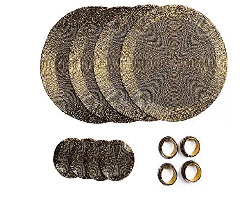 Penguin Home® Set von 12 Tischsets mit Glasperlen, Untersetzer und Serviettenringe - Antikgold Farbe - Runde Tischsets - Handgefertigt von erfahrenen indischen Handwerkern - Durchmesser - 32 cm, 3746 von Penguin Home